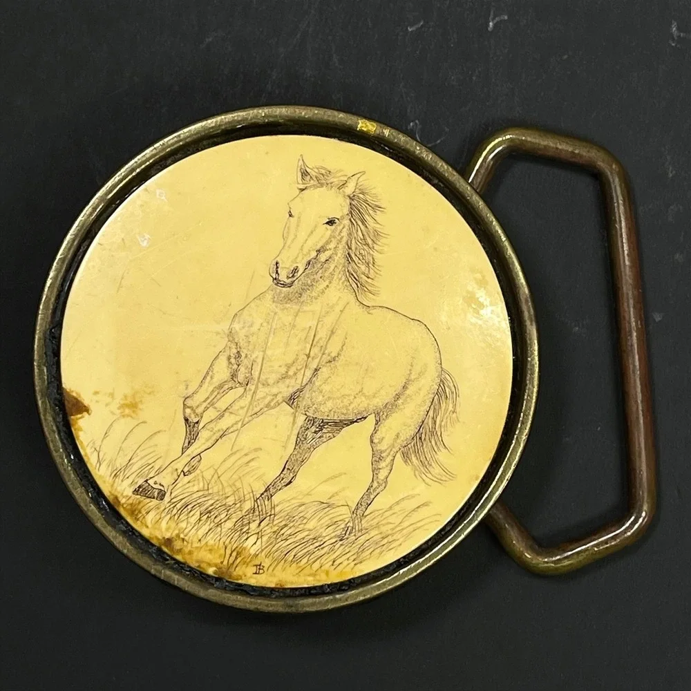 Barlow Belt Buckle Horse Scrimshaw Unisex Gold Vintage 1981 Solid Brass USA
